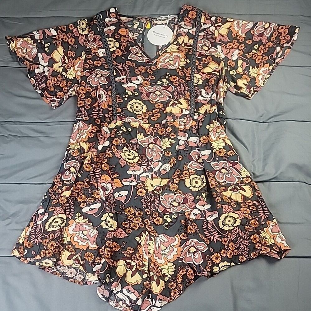 Rusttydustty Romper‎ Womens Modern Bohemian Crush All Over Flora Print Lace 2XL